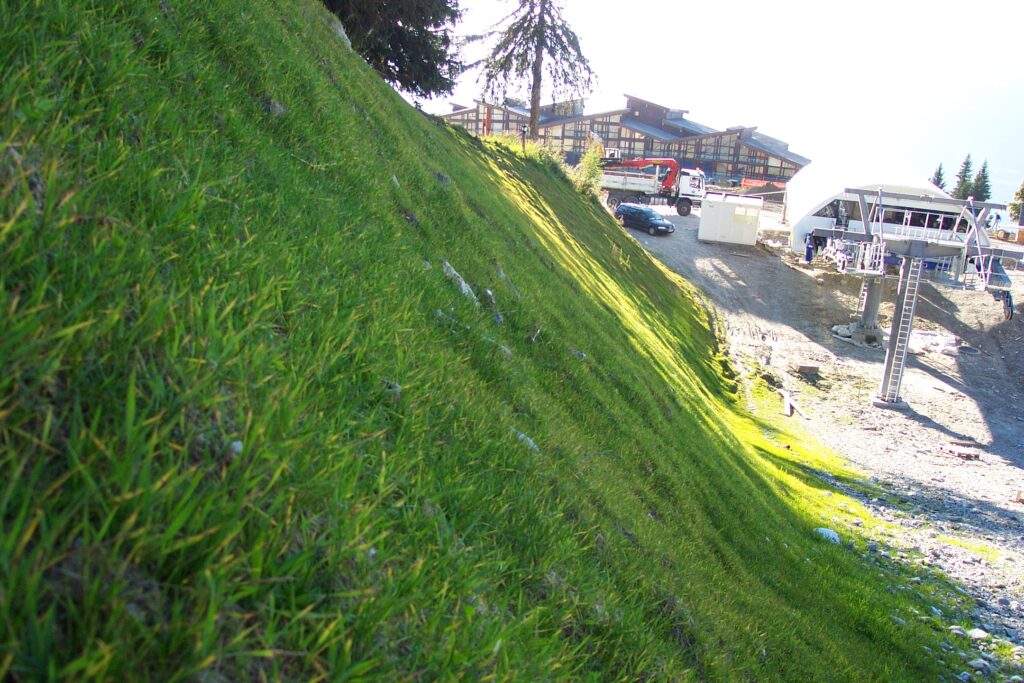 Established grass cover on a slope at an alpine lift station