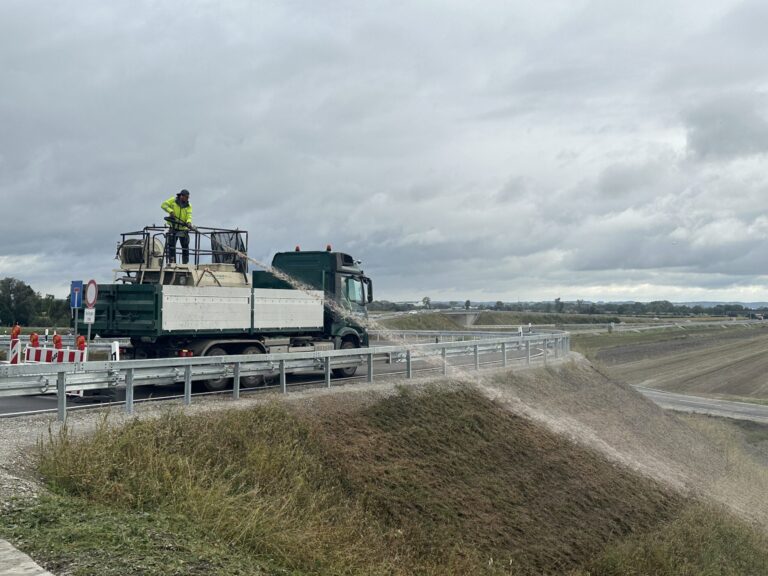 Hydraulically applied revegetation on an infrastructure embankment