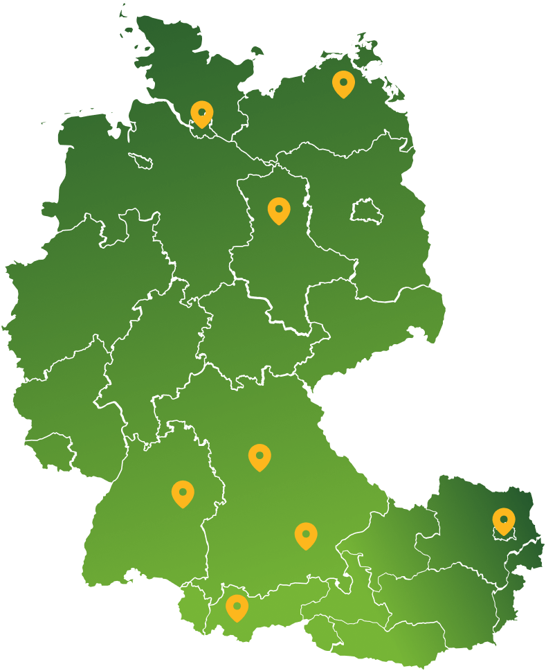 Map of SRBT group locations across Germany and Austria